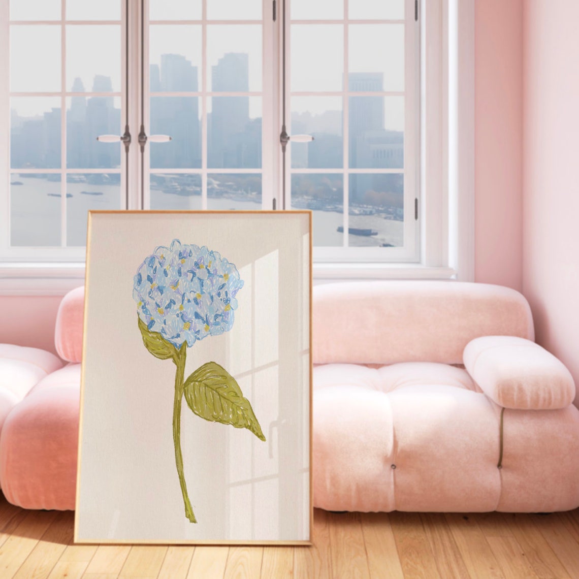 Blue Hydrangea Bloom Watercolor Tall Green Stem Botanical Print