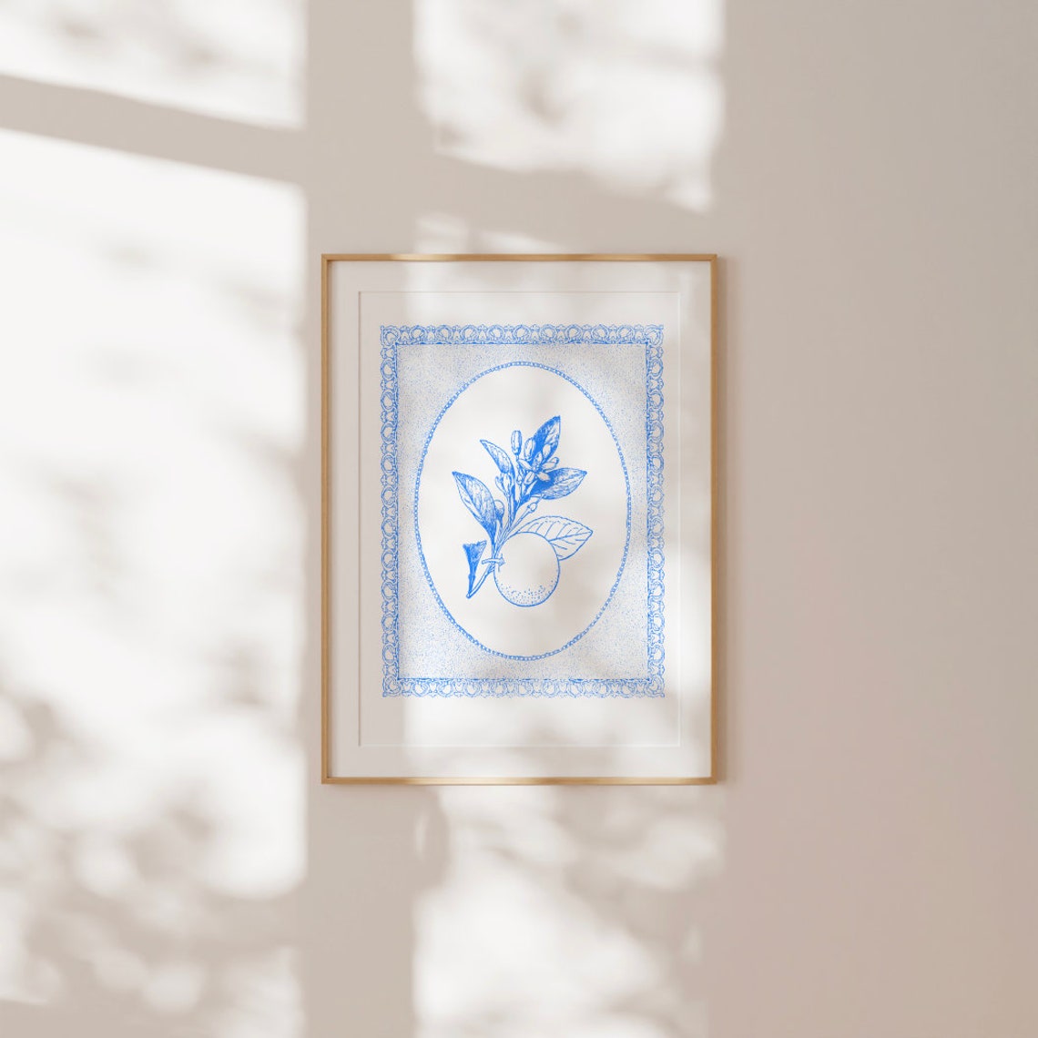 Blue Line Art Citrus Branch Ornate Oval Frame Botanical Poster