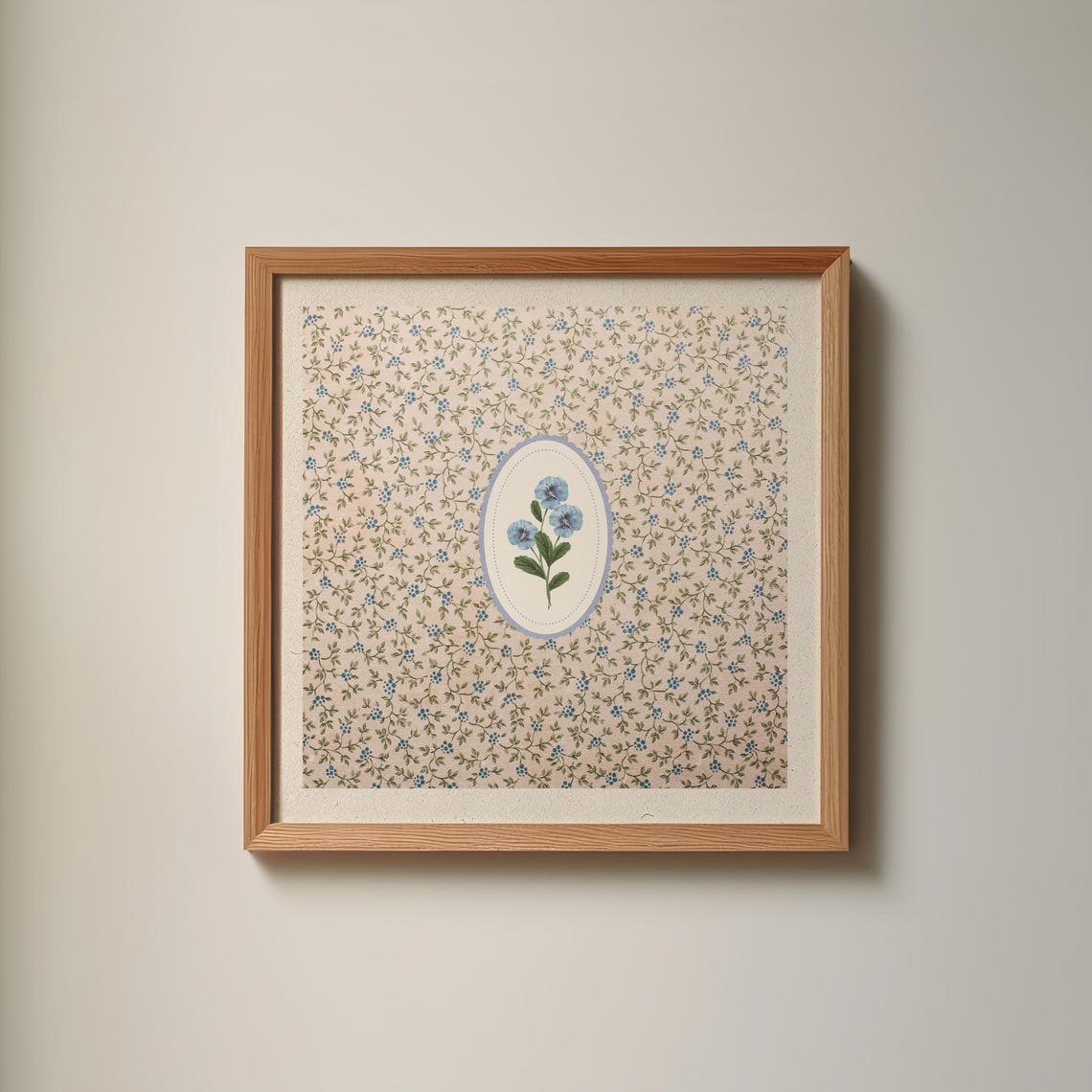 Blue Floral Oval Cameo Poster on Pink Ditsy Botanical Ground