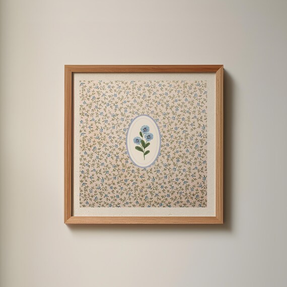 Blue Floral Oval Cameo Poster on Pink Ditsy Botanical Ground
