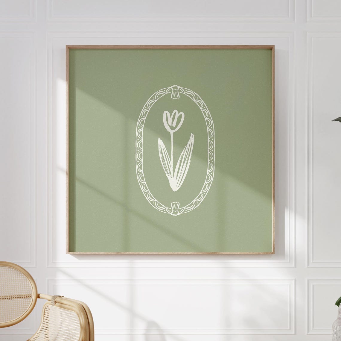 Sage Green White Tulip Line Art Oval Frame Nursery Decor Poster - Image 2