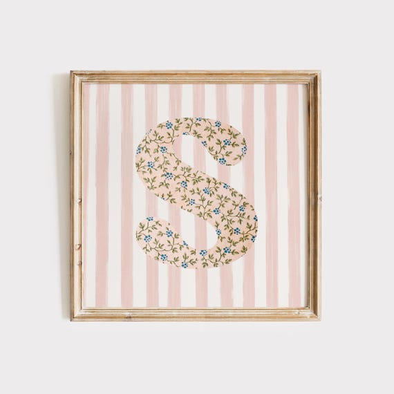 S Square Initial Floral Watercolor Art Print, Vintage