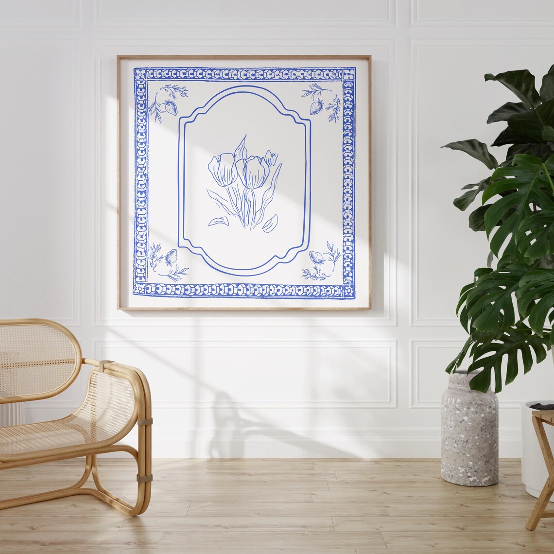 Victorian Blue Tulip Bouquet Line Art in Ornate Arched Frame Botanical Poster - Image 2
