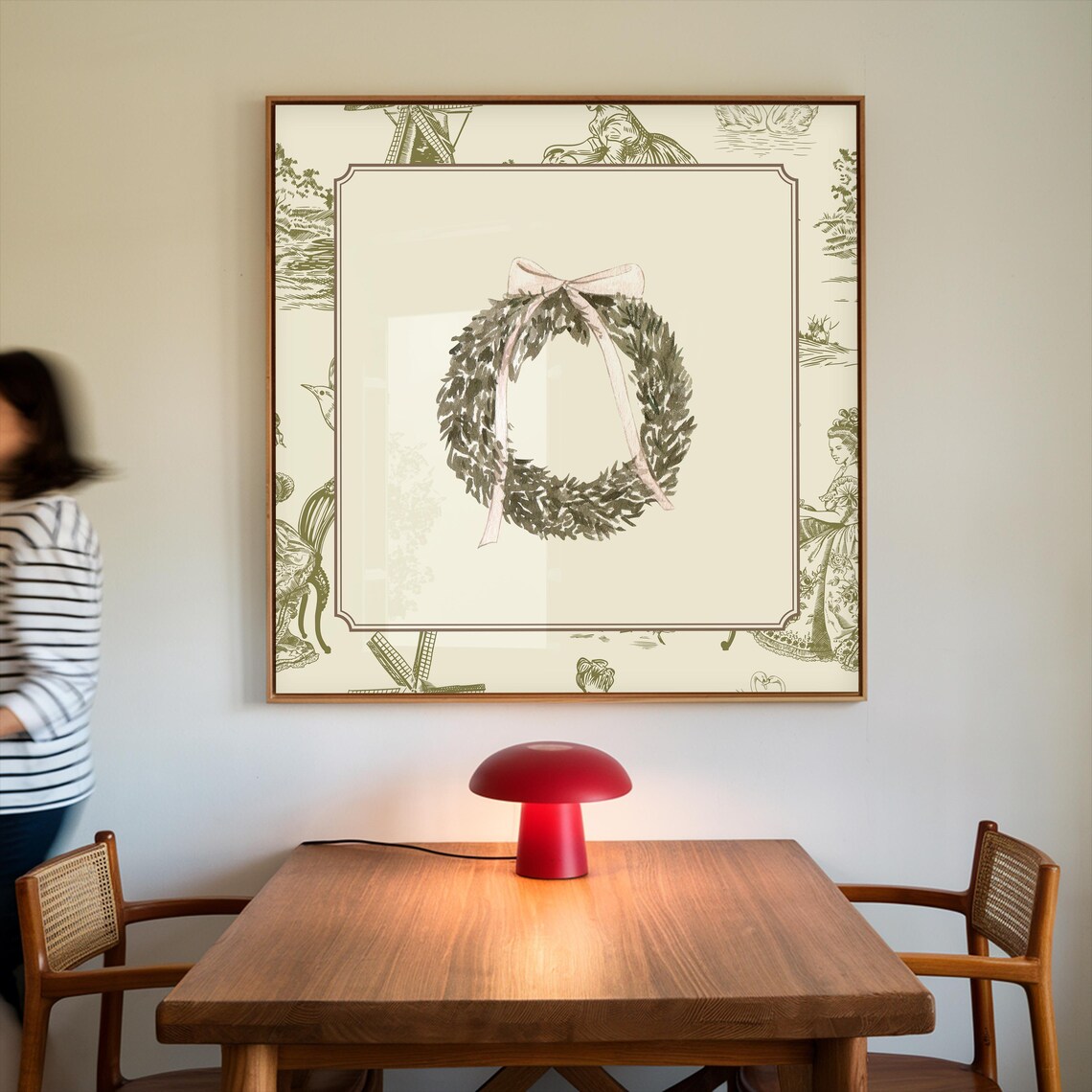 Green Toile Border Christmas Wreath Pink Bow Watercolor Holiday Poster - Image 4