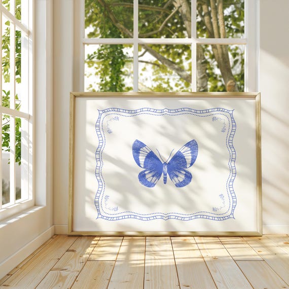 Blue Vintage Butterfly Illustration Horizontal Print Wall Art Nursery Botanical Cottage Core Decor Art