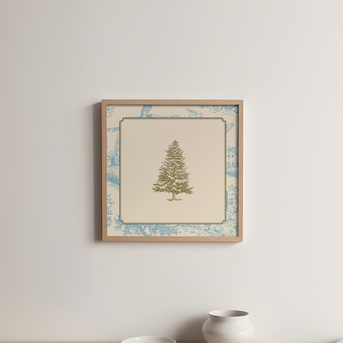 Vintage Blue Toile Pine Tree Sketch Minimalist Cottage Wall Art Print - Image 3
