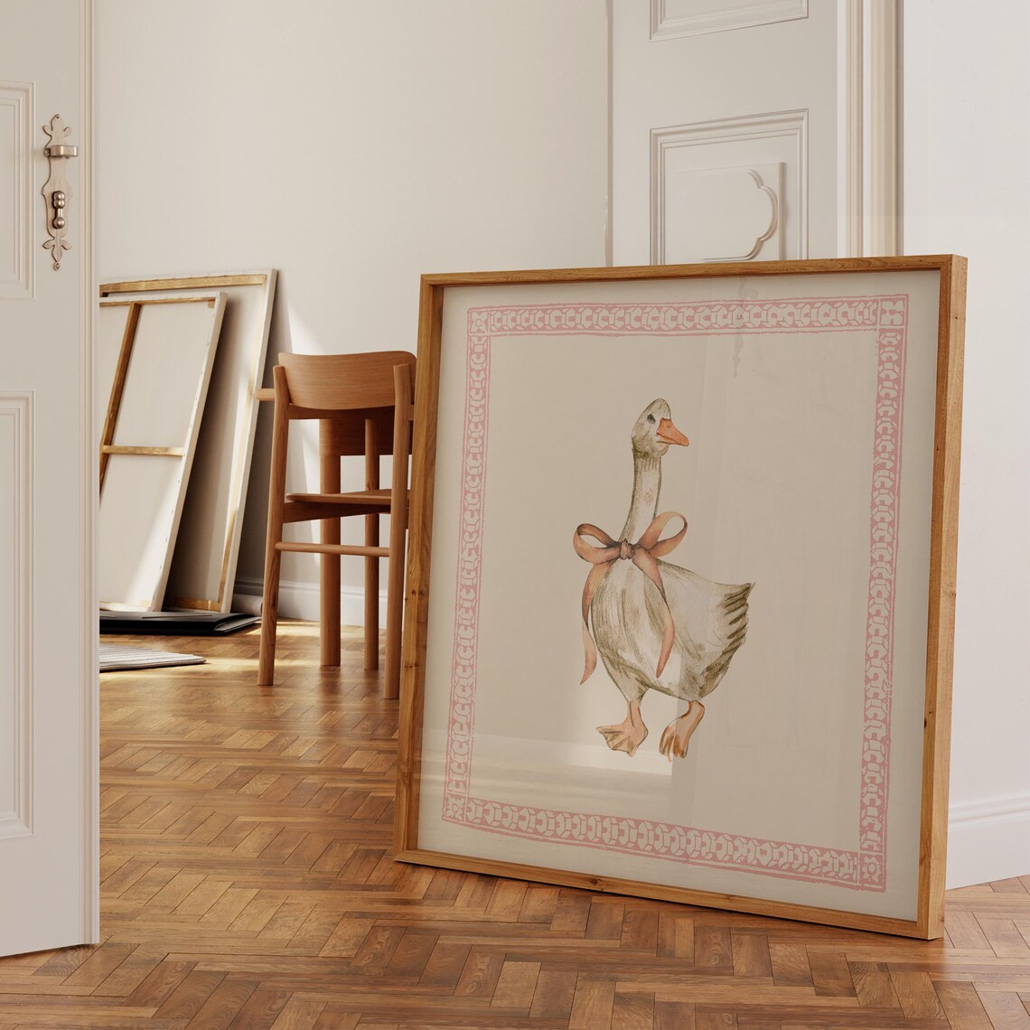 White Goose With Bow Watercolor Pink Border Nursery Wall Art Print - Image 3