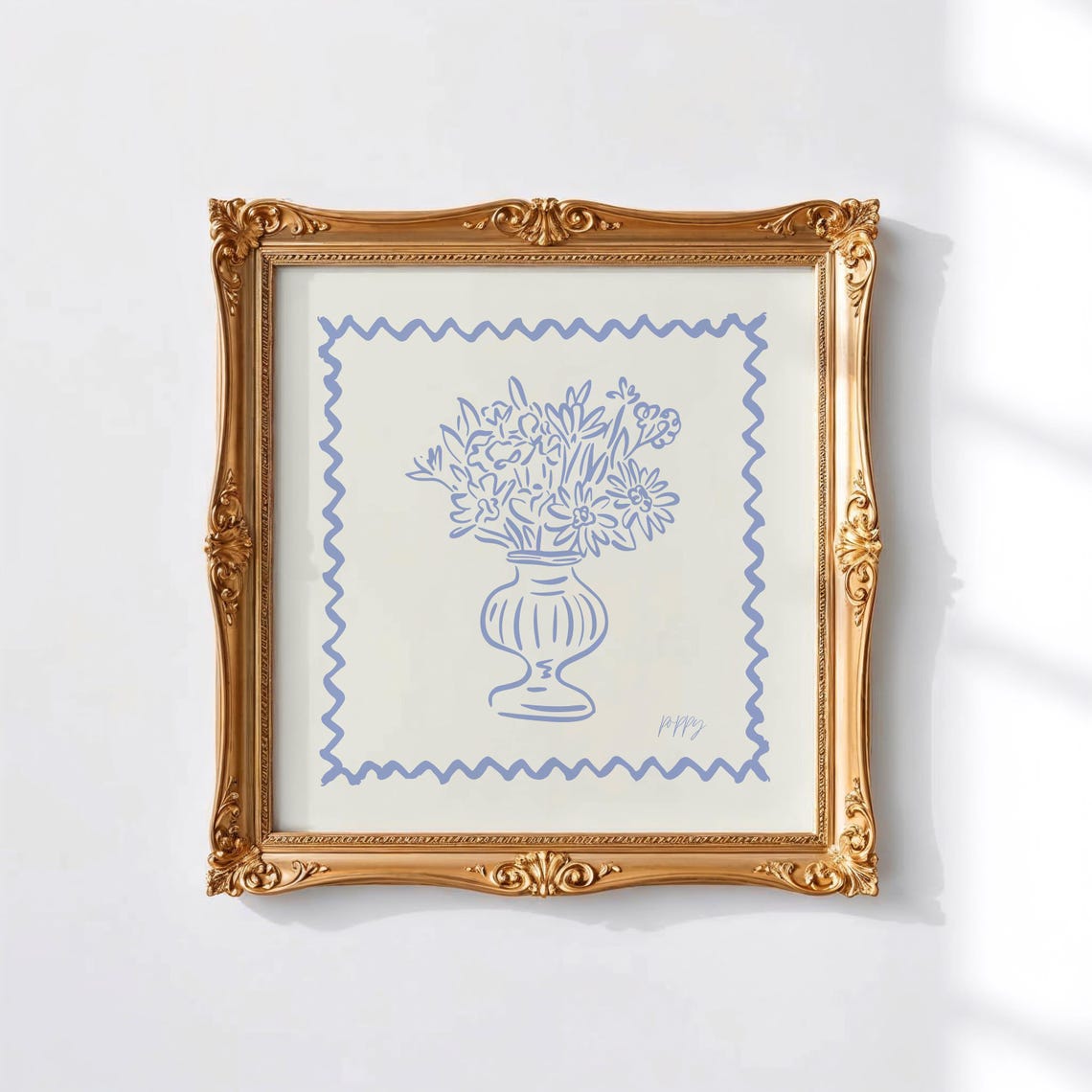 Periwinkle Blue Line Wildflowers Vase Zigzag Border Sketch Art Poster - Image 4