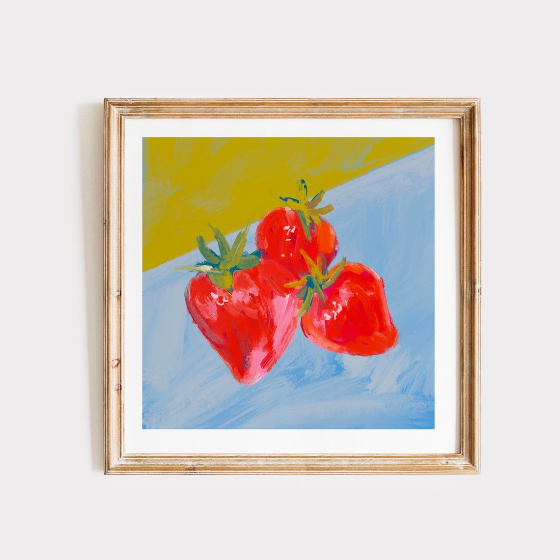 Red Strawberries Painterly Still Life On Blue Yellow Canvas Poster - Image 3