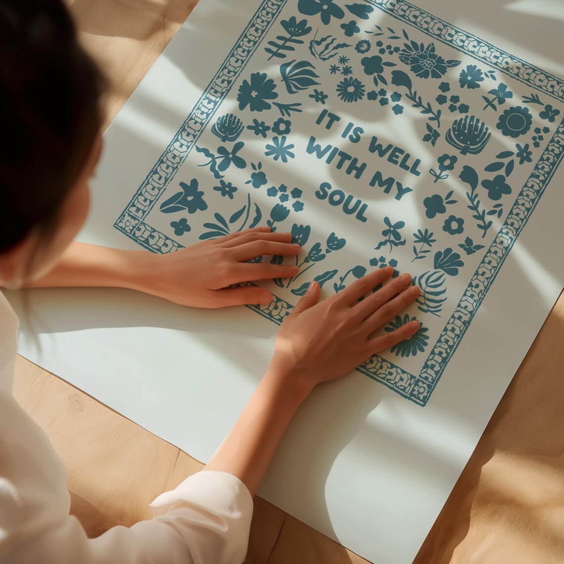 It Is Well With My Soul Blue Floral Folk Quote Christian Wall Print - Image 2