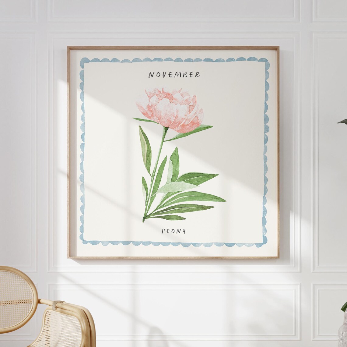 November Peony Watercolor Birth Month Flower Blue Border Art Poster - Image 5