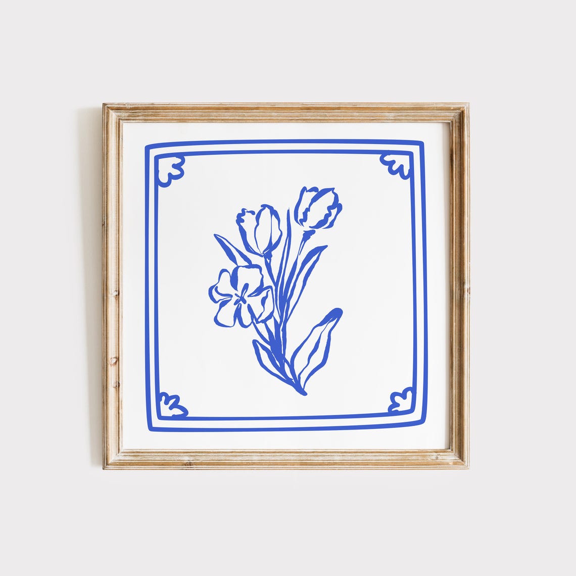 Blue Delft Style Tulip Line Art Poster on White Ceramic Tile - Image 2