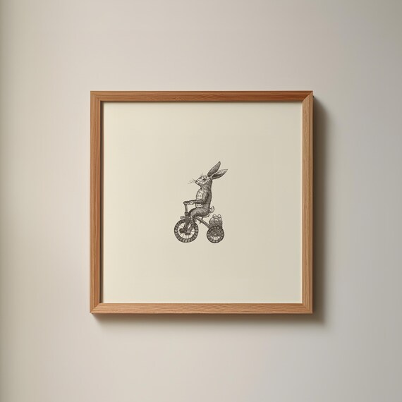 Vintage Rabbit Riding Tricycle Ink Sketch Square Animal Decor Poster