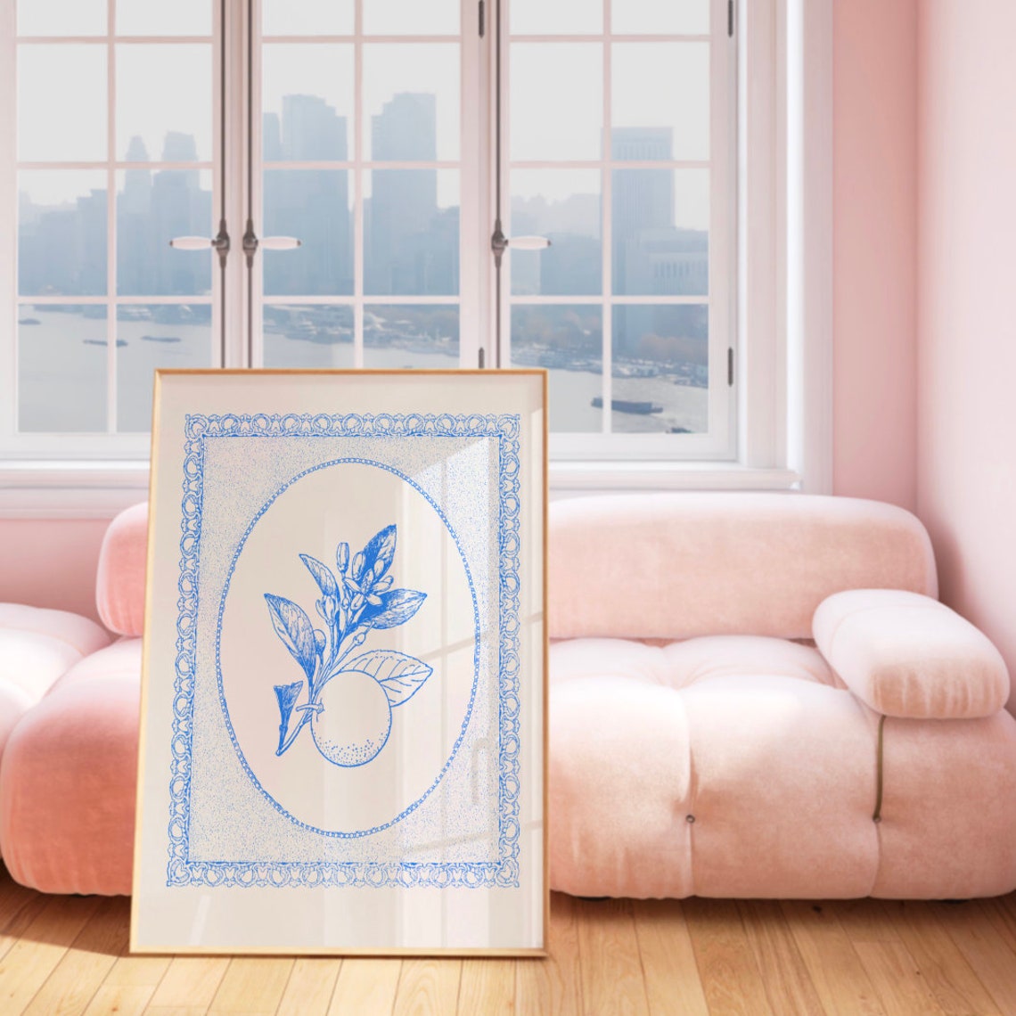 Blue Line Art Citrus Branch Ornate Oval Frame Botanical Poster - Image 2