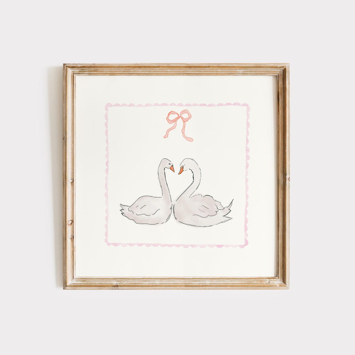 White Swan Pair Pink Bow Scalloped Border Romantic Watercolor Poster