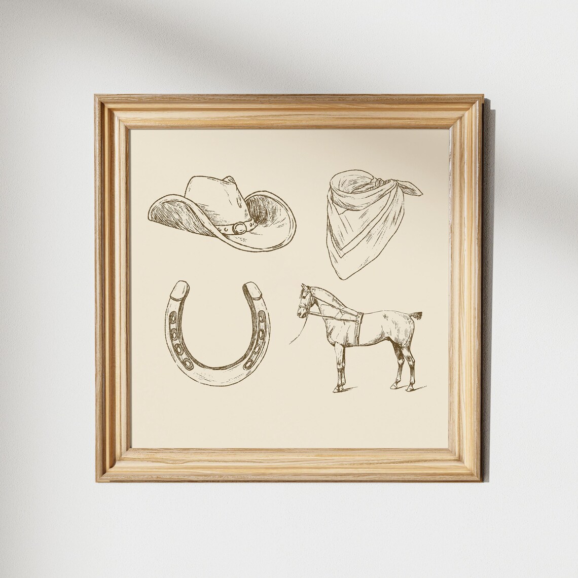 Western Cowboy Gear Horseshoe Horse Black Line Sketch Square Wall Art - Image 2
