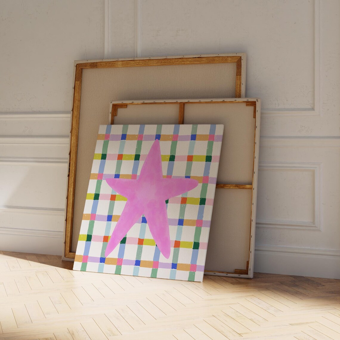 Pink Watercolor Star Colorful Check Plaid Kids Room Square Wall Art