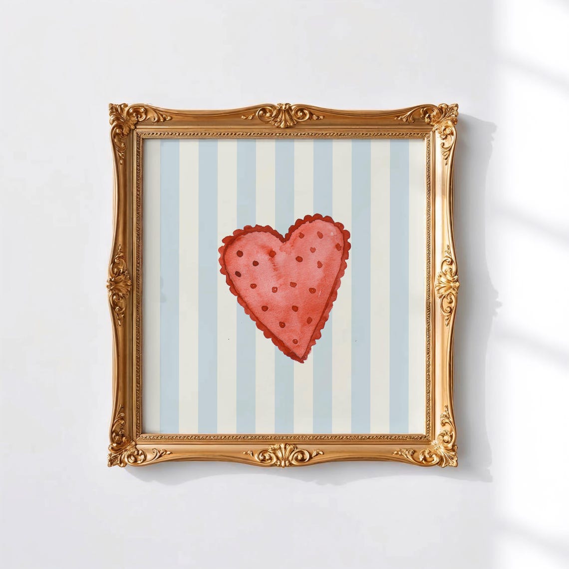 Red Polka Dot Watercolor Heart Blue Striped Valentine Wall Art Print