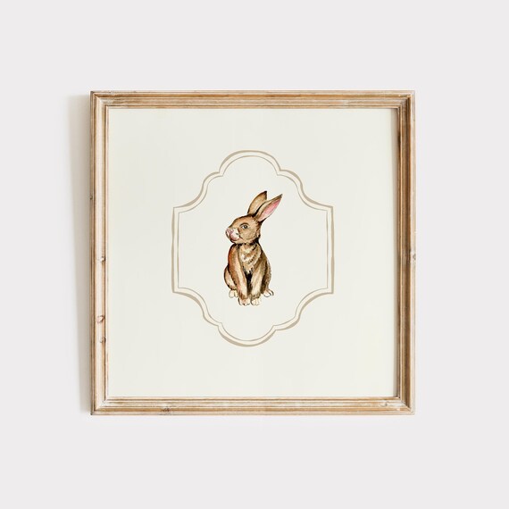 Brown Bunny Watercolor Square Vintage Woodland Nursery Animal Art Print