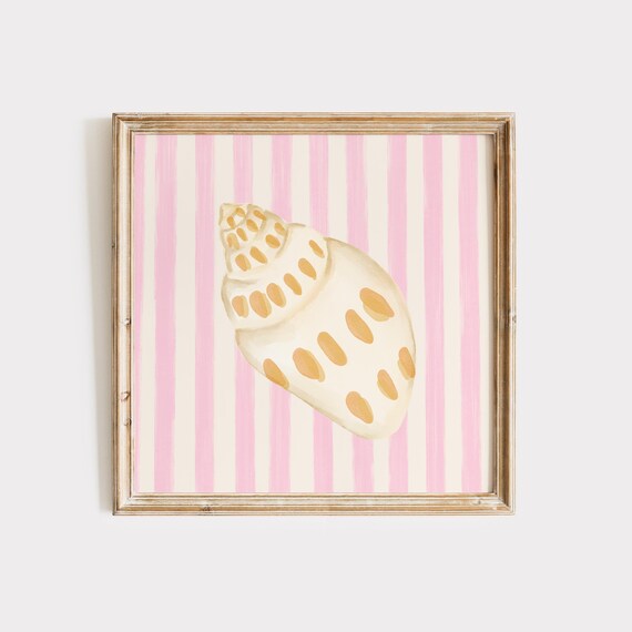 Spotted Whelk Shell Pink Striped Background Nautical Watercolor Poster
