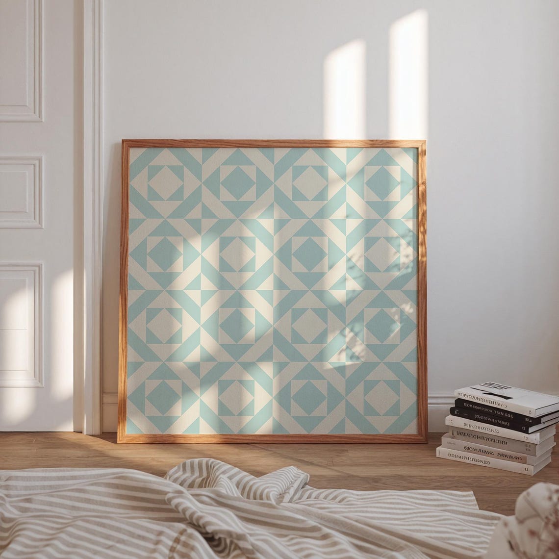 Vintage Blue Quilted Geometric Pattern Square Nursery Wall Art Print - Image 3