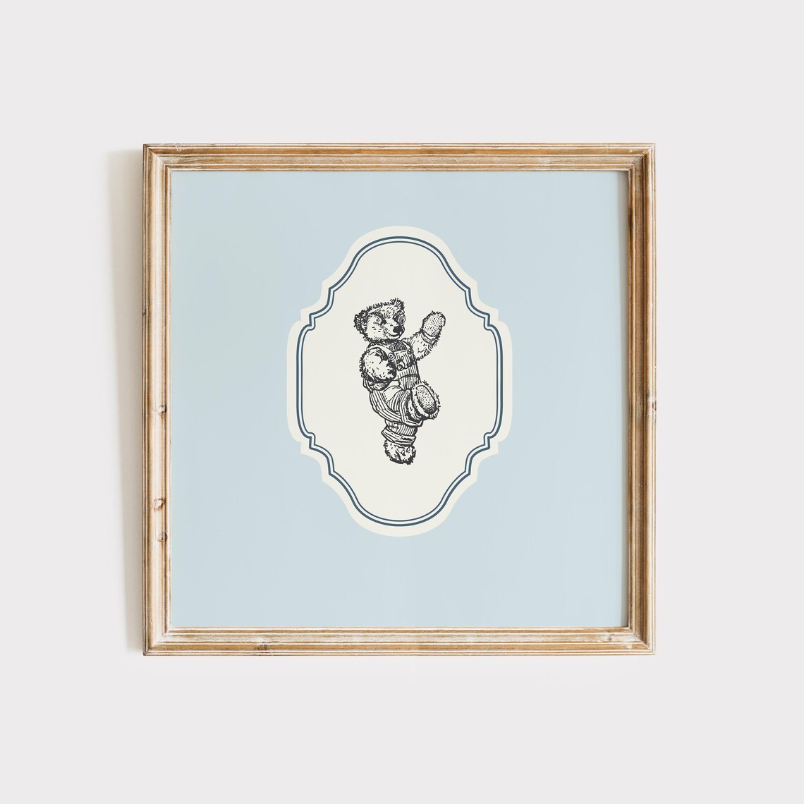 Vintage Waving Teddy Bear Baby Blue Ornate Square Nursery Poster - Image 3
