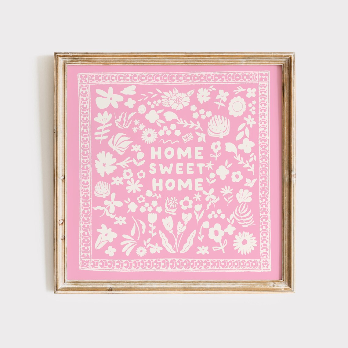 Home Sweet Home Pink Floral Block Letter Folk Style Square Poster
