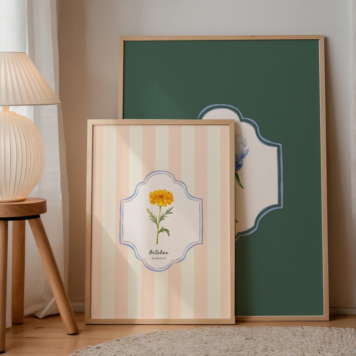 October Marigold Birth Flower Peach Striped Botanical Wall Art Print - Image 2