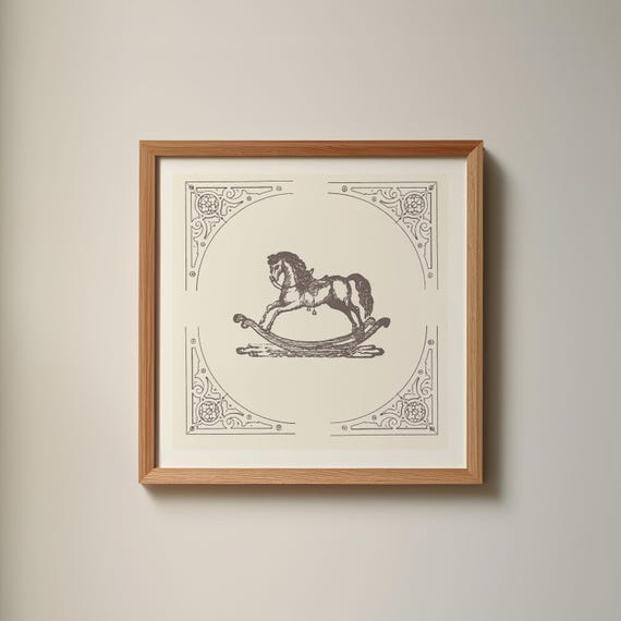 Mocha Brown Vintage Rocking Horse Square Print Instant Wall Art Trendy Decor Illustration Living Room Art Nursery