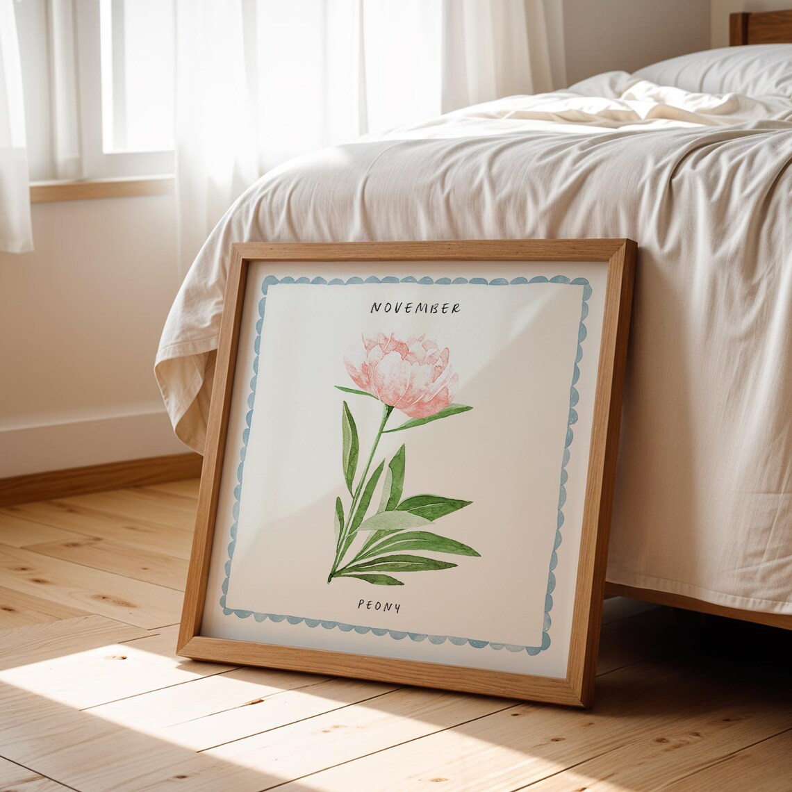 November Peony Watercolor Birth Month Flower Blue Border Art Poster - Image 3