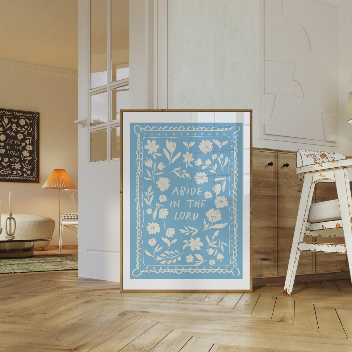 Abide in the Lord Blue Floral Christian Faith Quote Wall Art - Image 3