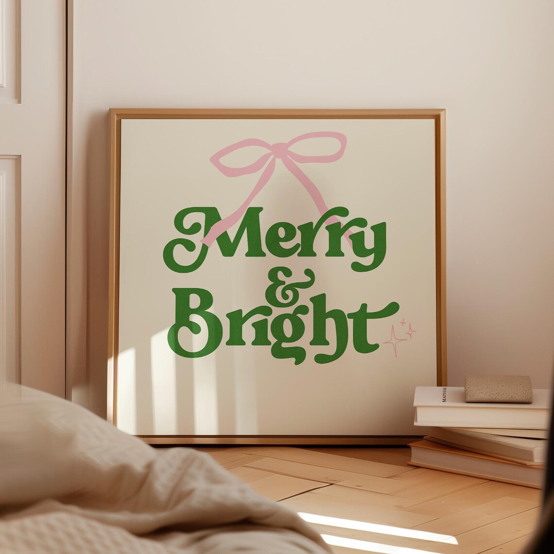 Merry and Bright Green Retro Christmas Typography Holiday Art Poster