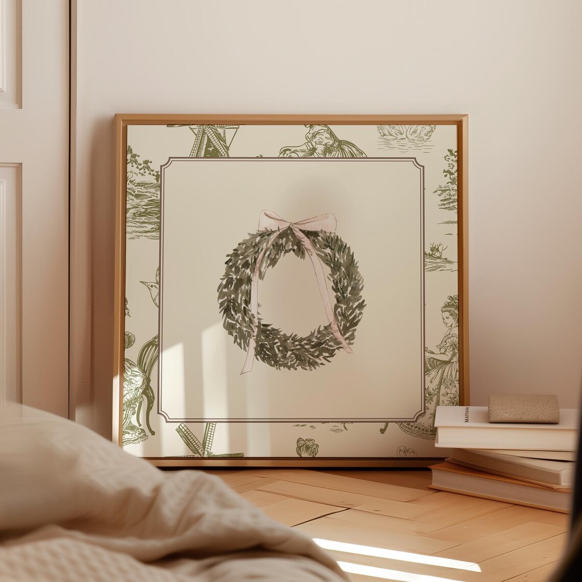 Green Toile Border Christmas Wreath Pink Bow Watercolor Holiday Poster - Image 2