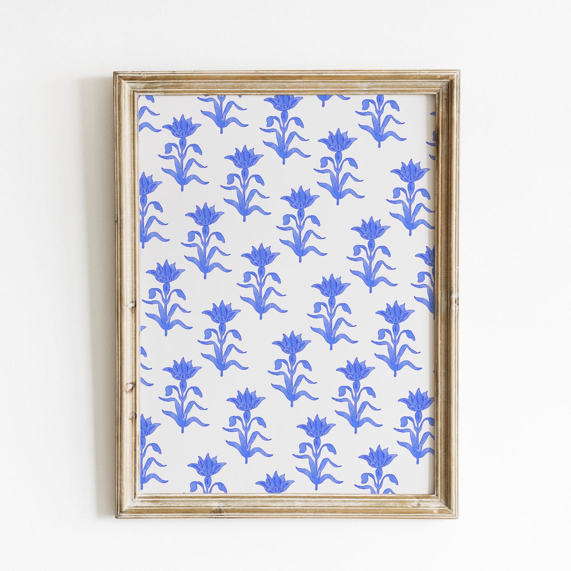 Cobalt Blue Block Print Floral Pattern Vintage Vertical Art Print