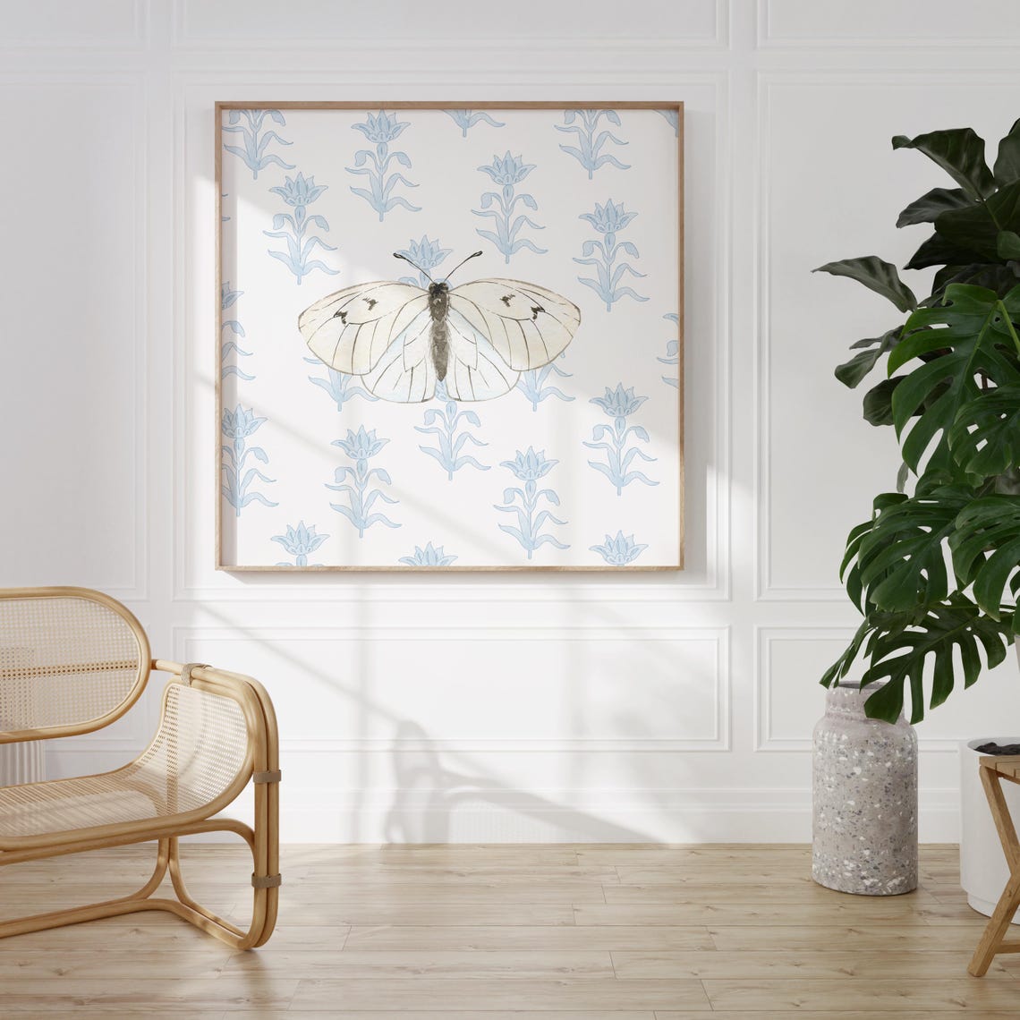 Dreamy Serene Cream Butterfly on Light Blue Floral Pattern Poster - Image 2
