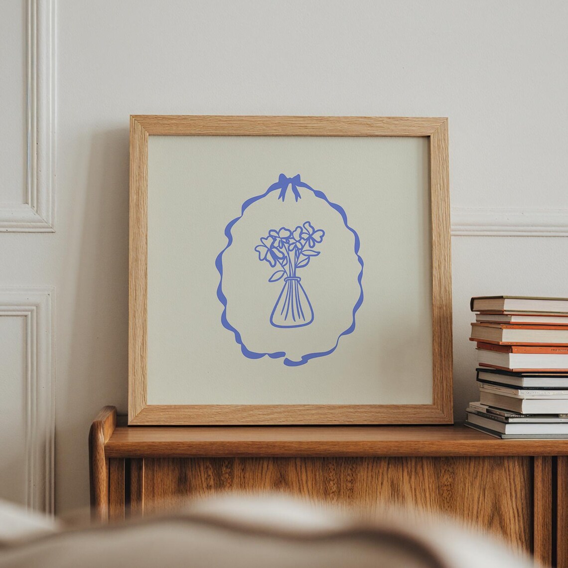 Blue Line Floral Vase Coquette Bow Ribbon Oval Frame Art Print