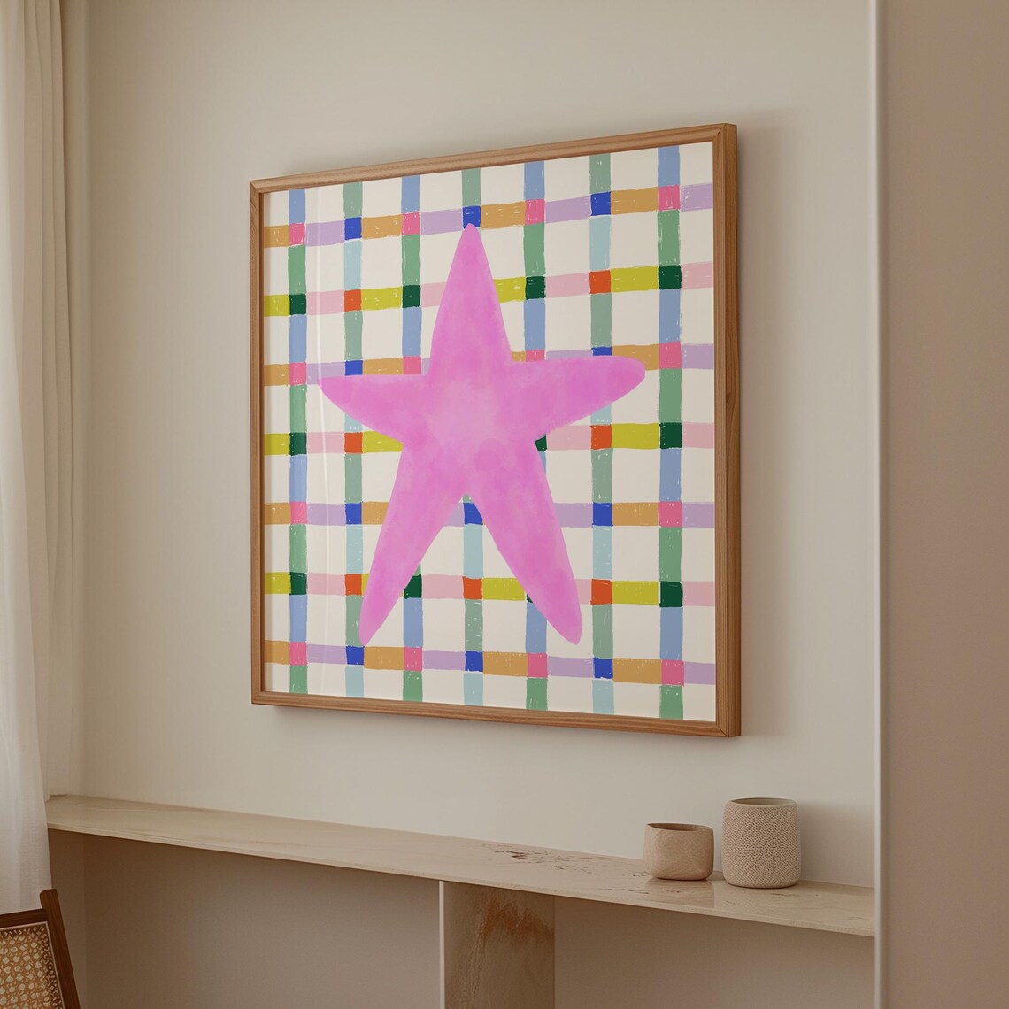 Pink Watercolor Star Colorful Check Plaid Kids Room Square Wall Art - Image 3