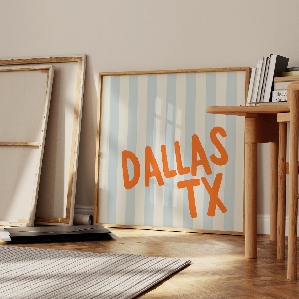 Dallas Texas Orange Hand Lettered Striped Square City Name Poster