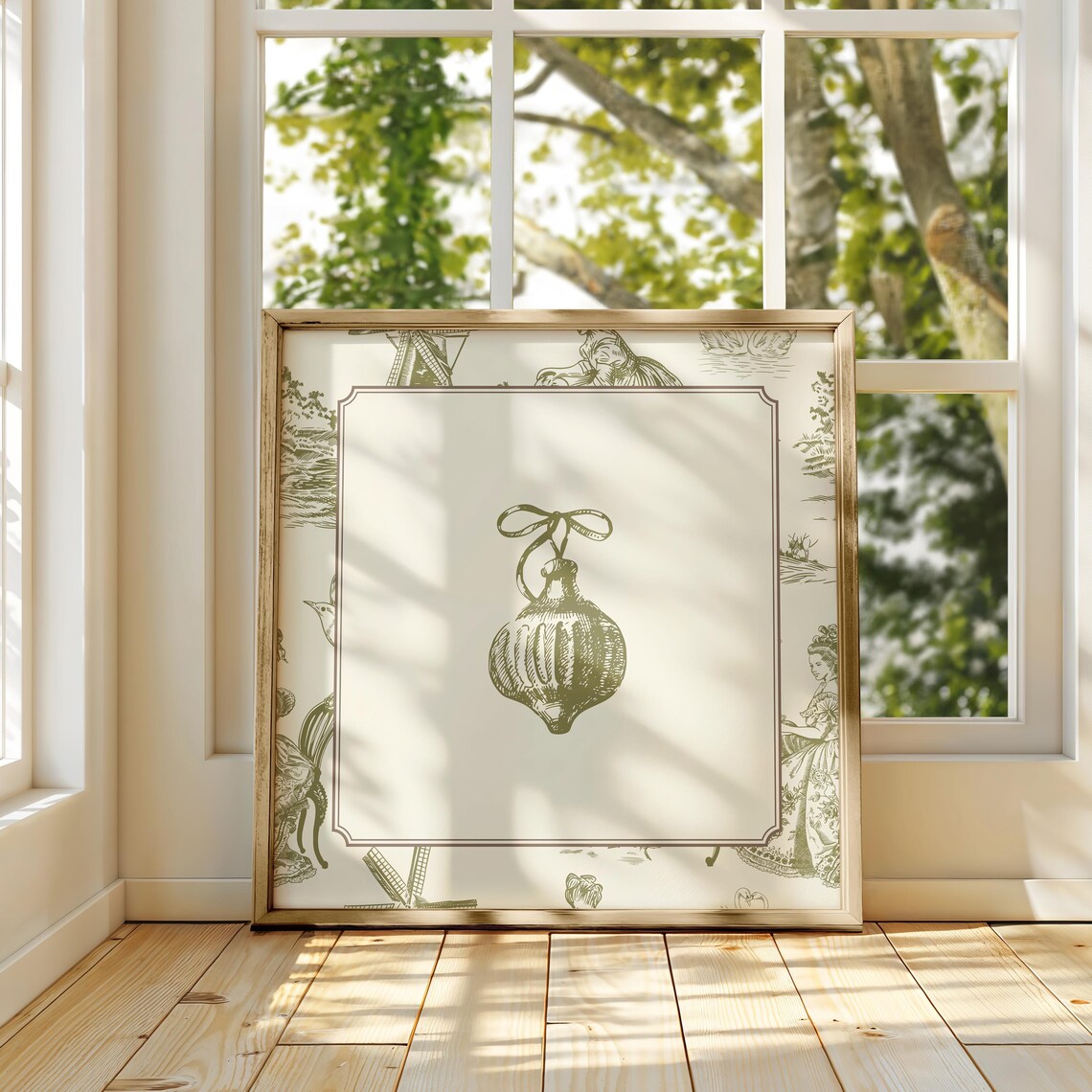 Green Toile Border Vintage Christmas Ornament Bauble Engraving Poster - Image 3