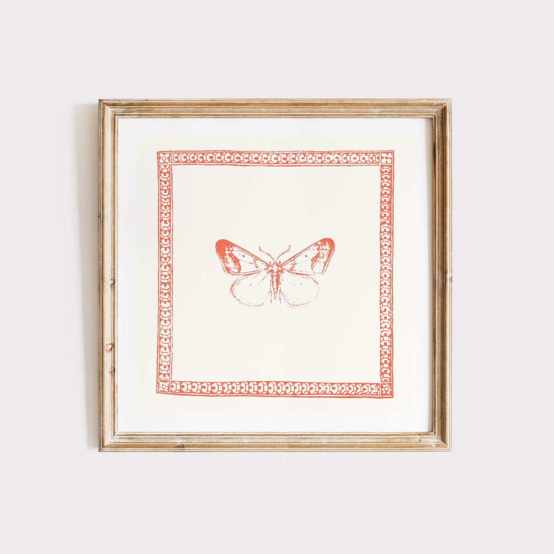 Minimalist Red Line Butterfly With Ornate Border Square Art Print