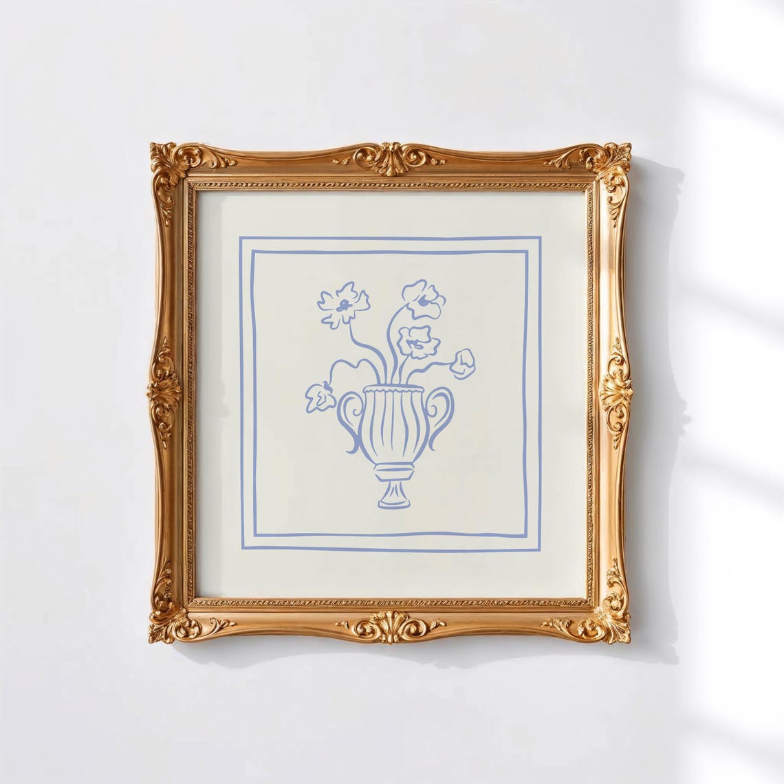 Periwinkle Blue Line Poppies Urn Vase Double Border Sketch Art Poster - Image 5