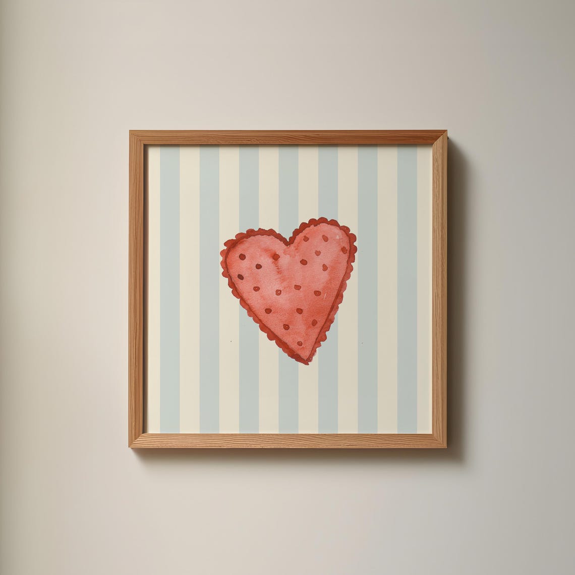 Red Polka Dot Watercolor Heart Blue Striped Valentine Wall Art Print - Image 3