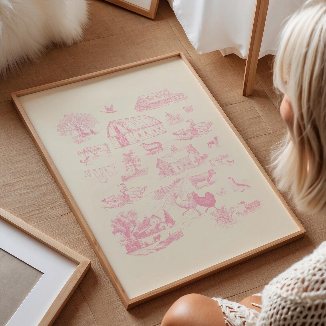 Pink Farm Life Toile Illustration, Vintage Art Print - Image 3