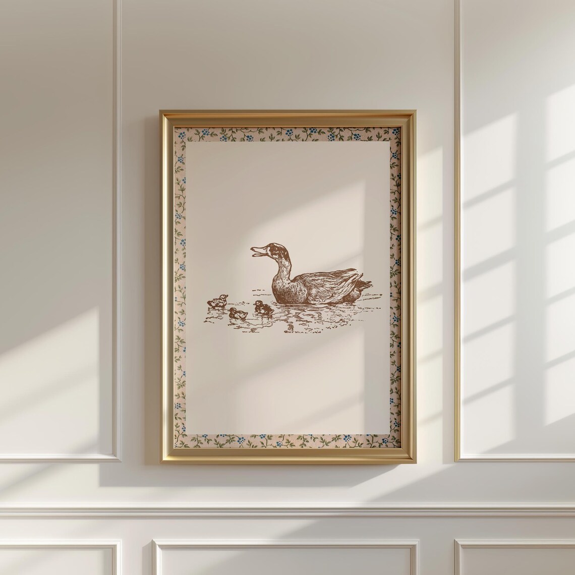 Vintage Mother Duck and Ducklings Sepia Engraving Art Poster