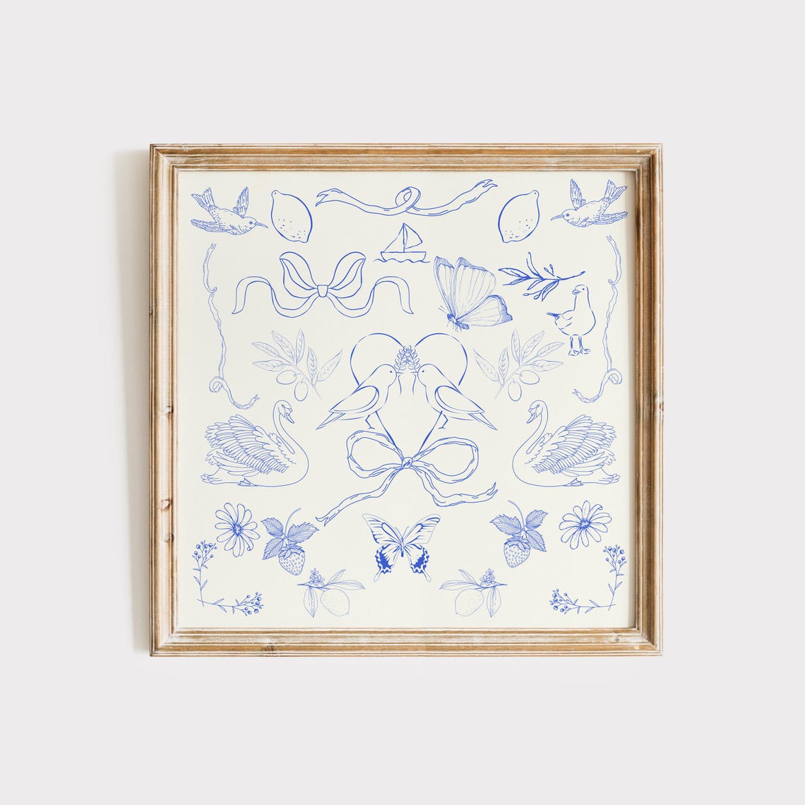 Blue Victorian Floral Birds Bows Swans Toile Illustration Poster