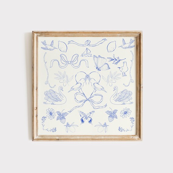 Blue Victorian Floral Birds Bows Swans Toile Illustration Poster