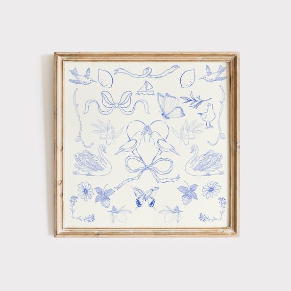 Blue Victorian Floral Print Instant Wall Art Trendy Decor Botanical Illustration Living Room Art Cottage Nursery