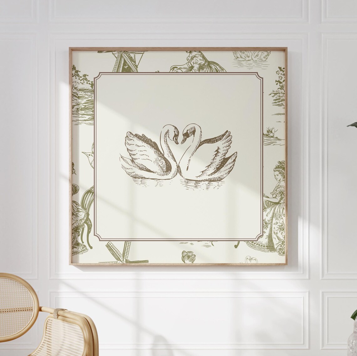 Green Toile Border Two Swans Engraving Romantic Vintage Poster - Image 5