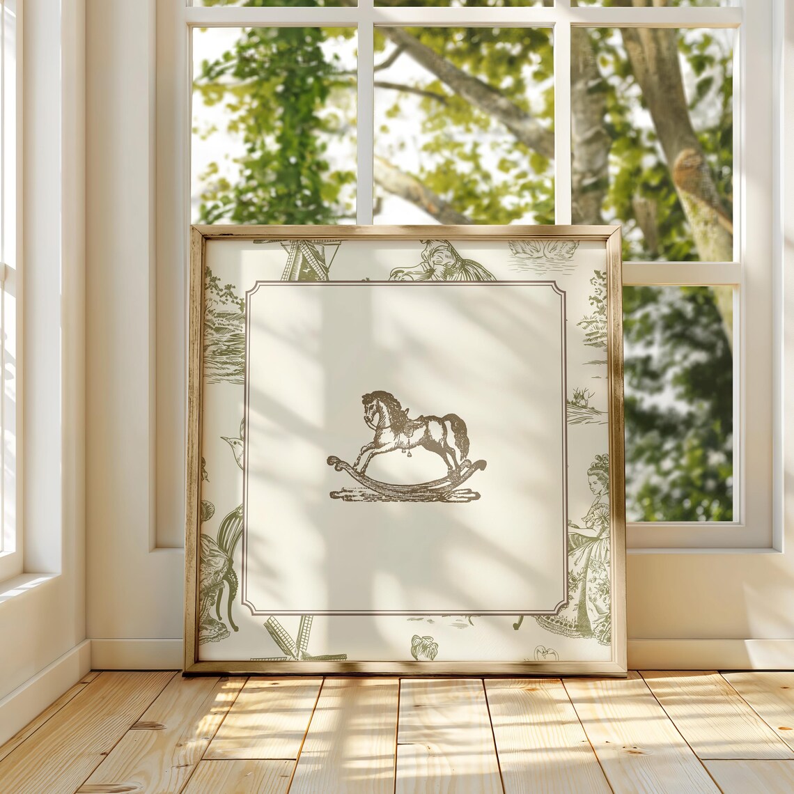 Green Toile Border Vintage Rocking Horse Engraving Nursery Poster - Image 2