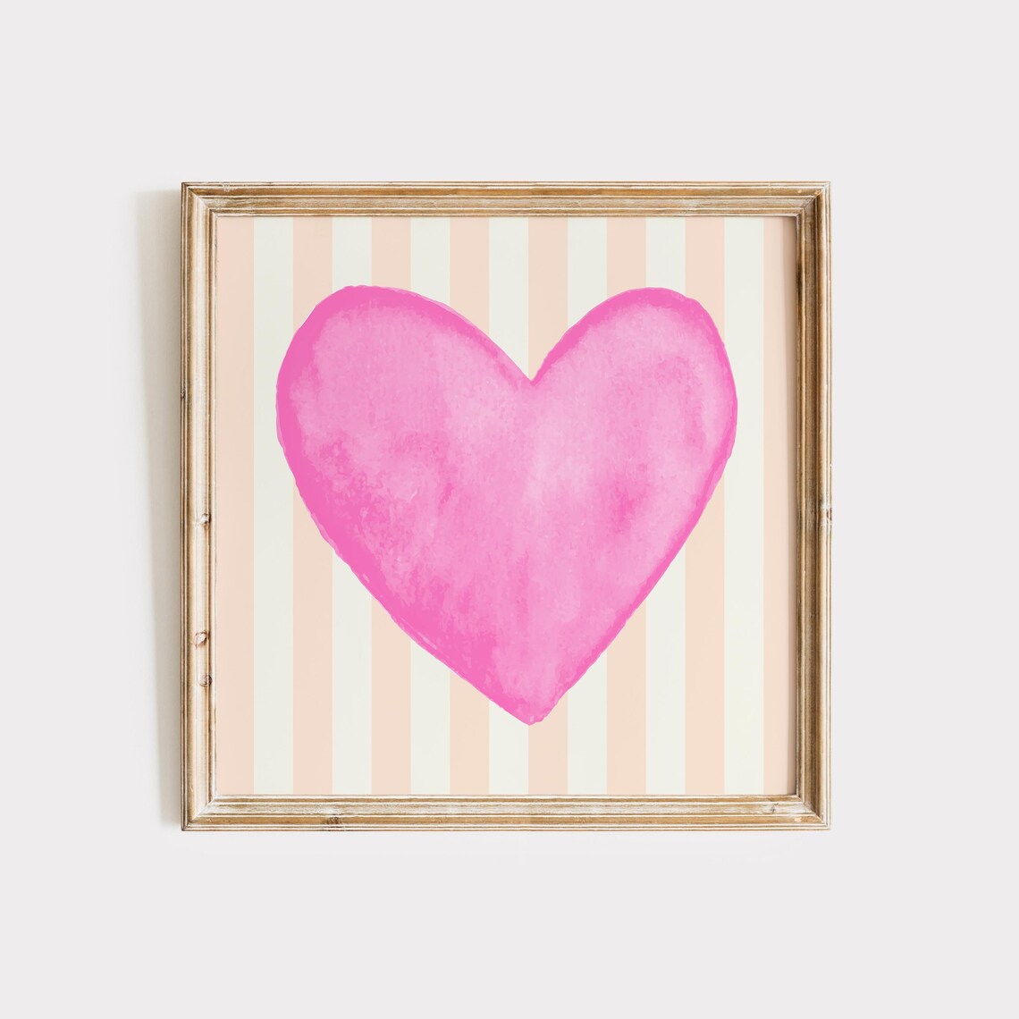 Bright Pink Watercolor Heart Peach Striped Valentine Wall Art Print